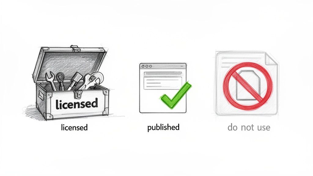Three icons illustrating content usage statuses: licensed toolbox, published document, and do not use.