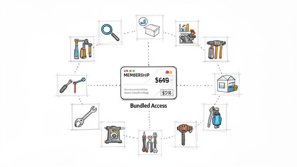 A membership card for $649 offering bundled access to various tools and services.