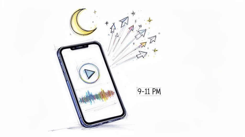 A drawing of a smartphone displaying a play button and sound wave, a moon, and paper airplanes, with '9-11 PM' text.