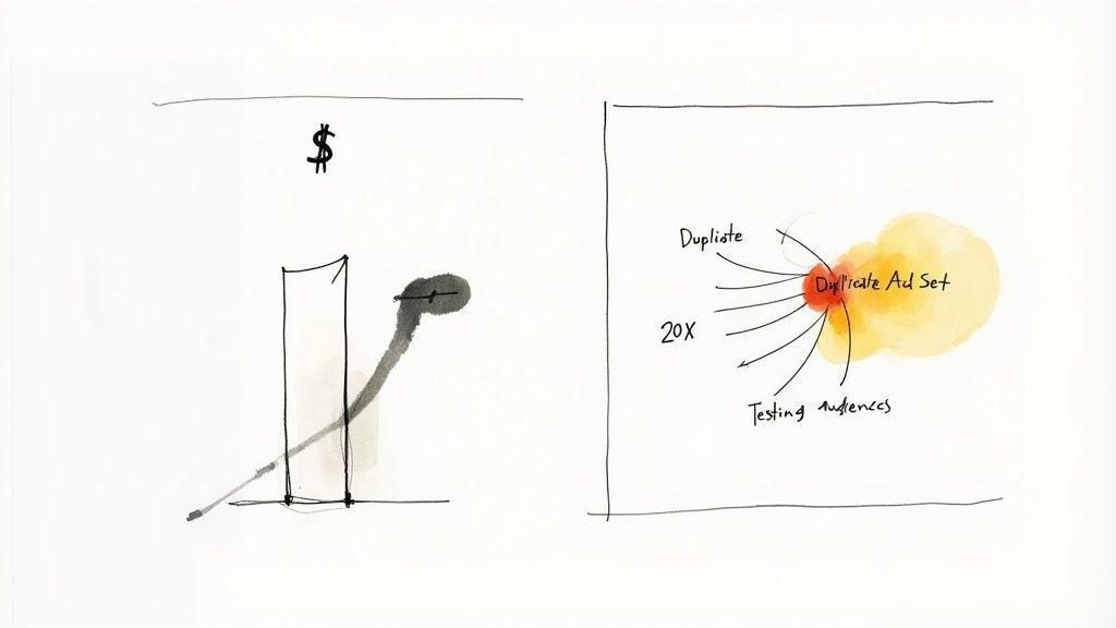 A hand adjusting a digital slider with a dollar sign, symbolizing the careful process of scaling Facebook ad budgets.