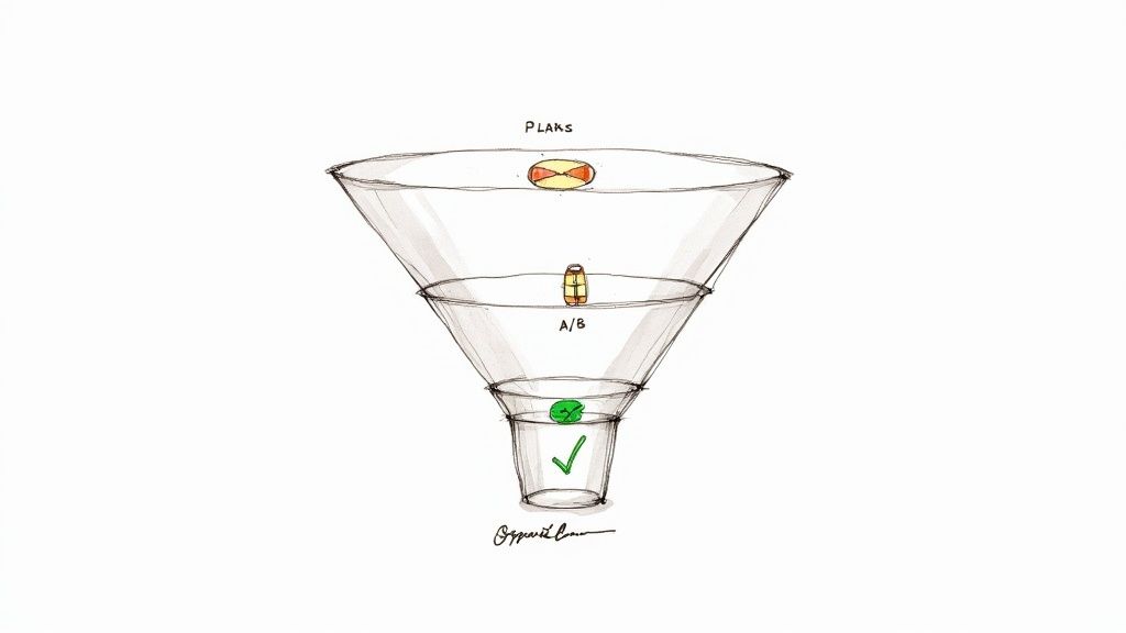A digital marketing expert analyzes a sales funnel on a tablet, pointing out areas for conversion optimization.