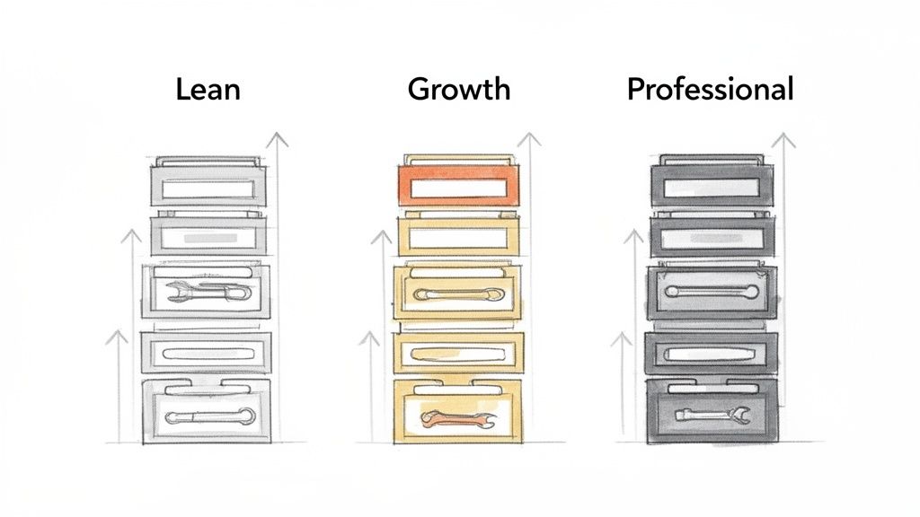 Visual diagram comparing Lean, Growth, and Professional stages with evolving toolkits in filing cabinet drawers.