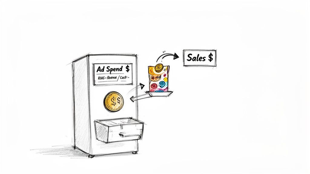 A hand-drawn illustration depicting ad spend as money inserted into a machine, yielding sales.