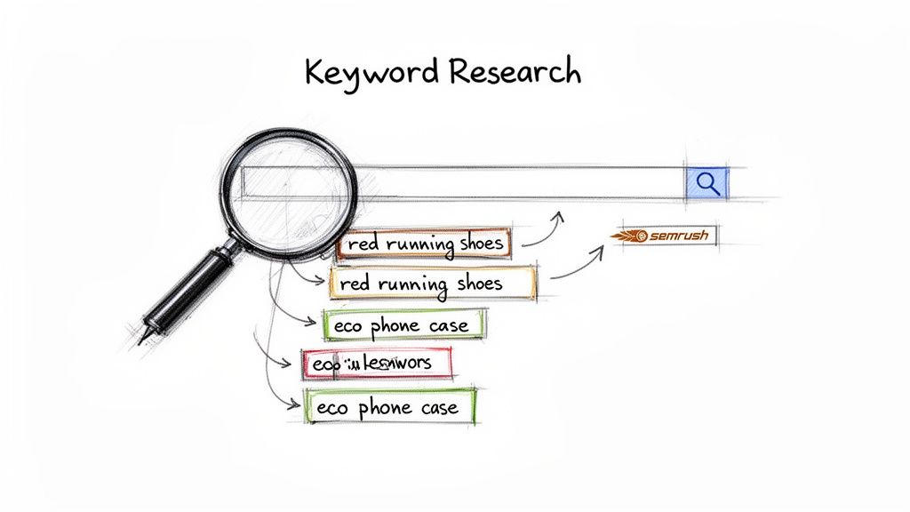 Illustration of keyword research showing a search bar, magnifying glass, suggested keywords, and the Semrush logo.