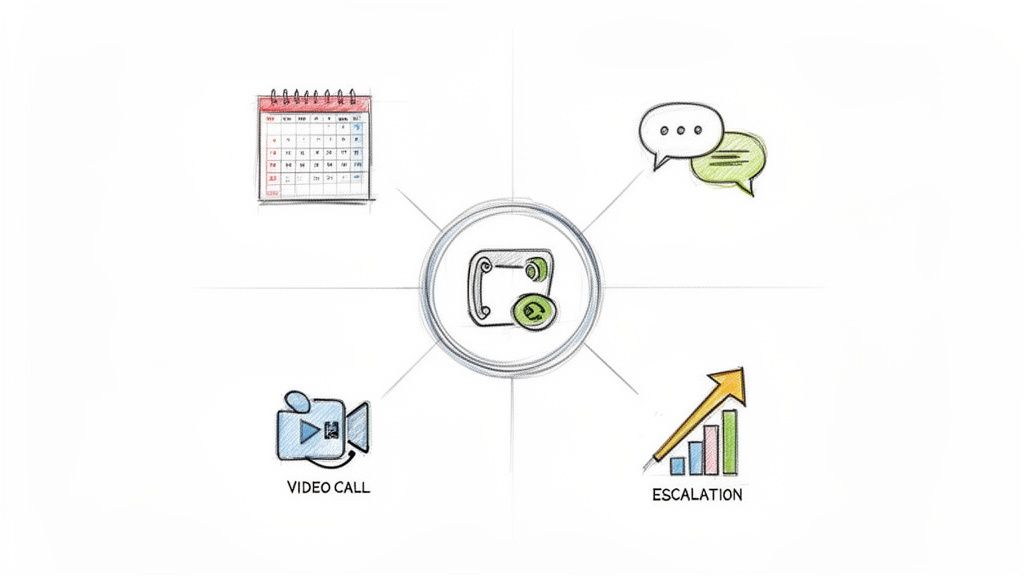 A diagram shows a central phone icon with refresh symbol connected to calendar, chat, video call, and escalation graph icons.