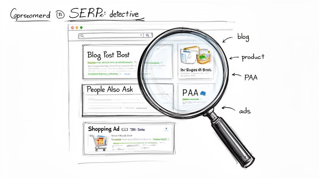 A magnifying glass inspects a search engine results page, highlighting blog, product, PAA, and ads sections.
