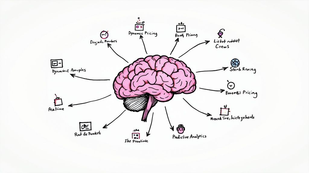 An abstract image showing neural networks and data points flowing into a shopping cart icon, symbolizing AI's impact on ecommerce.