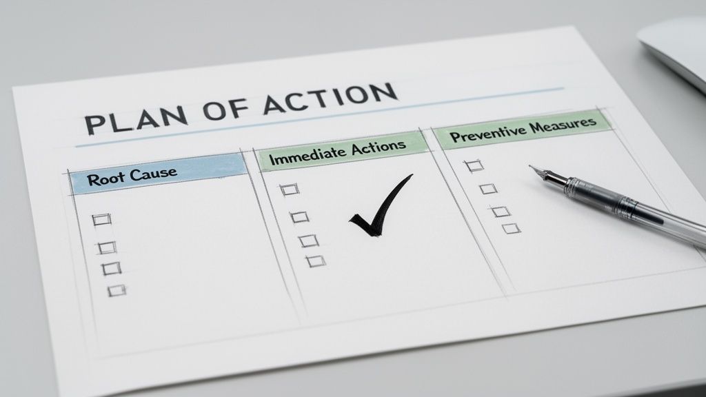 A close-up of a 'PLAN OF ACTION' document with sections for root cause, immediate actions, and preventive measures, featuring a checkmark.