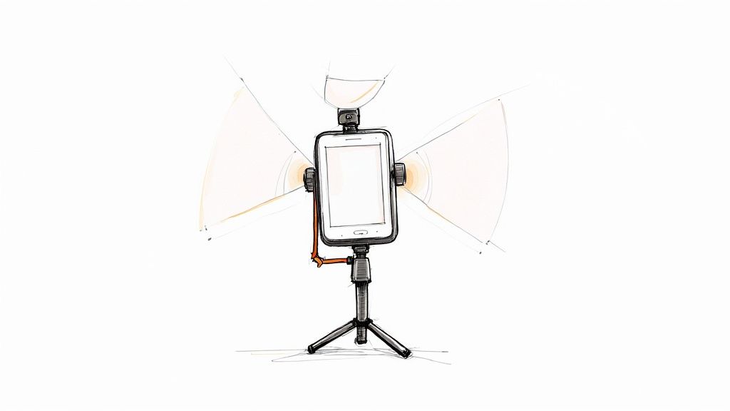 A product video shoot setup with a smartphone on a tripod, a small microphone attached, and simple lighting illuminating a product on a clean backdrop.