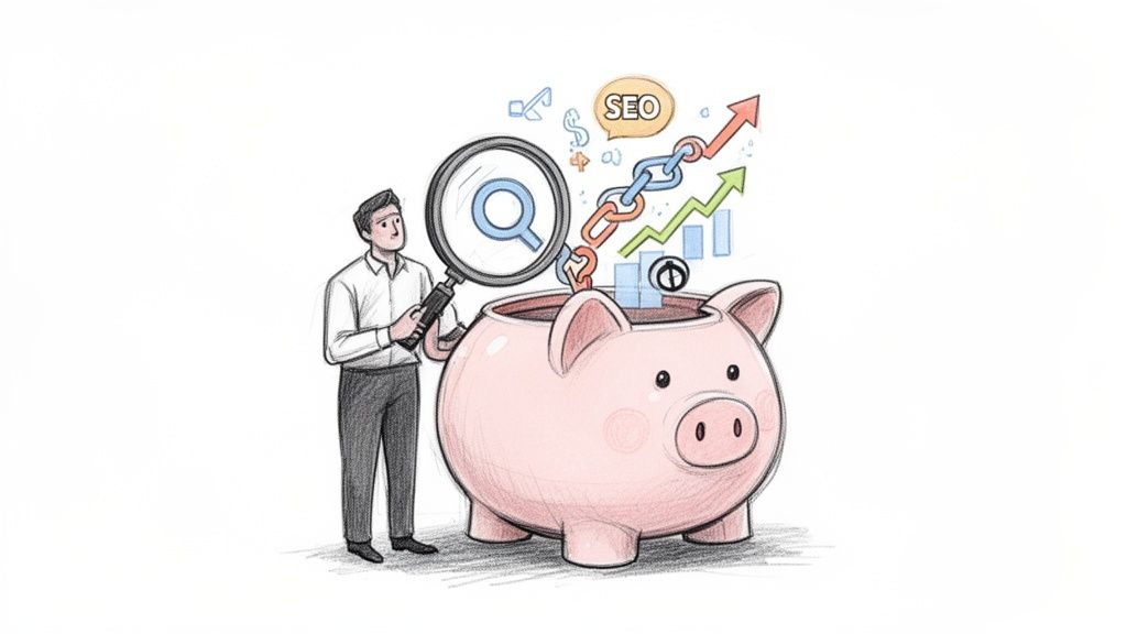 Man with magnifying glass inspects a piggy bank, showing SEO investment leading to growth and money.