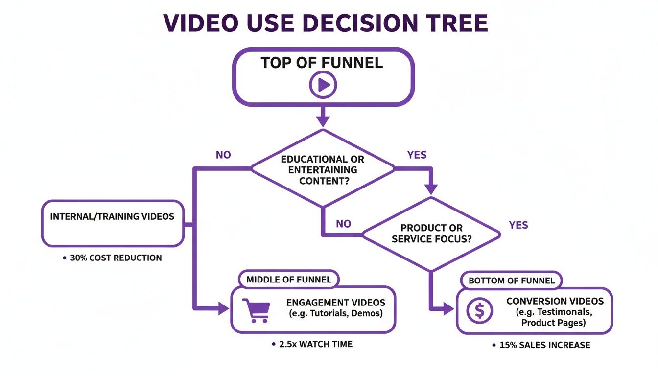 A video use decision tree diagram showing video types, sales funnel stages, and their associated benefits.