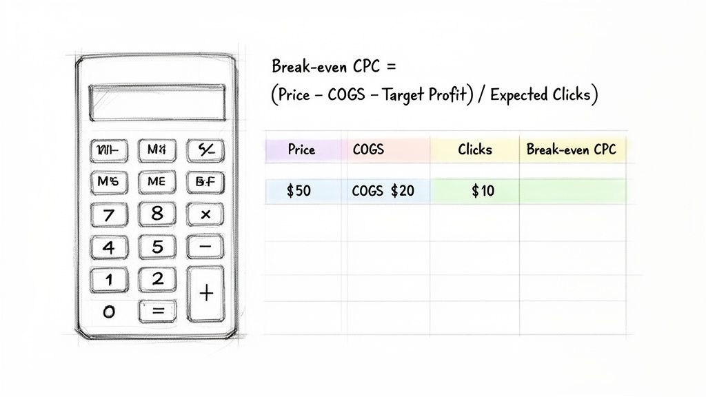 A calculator next to a formula for break-even CPC and a table with pricing data.