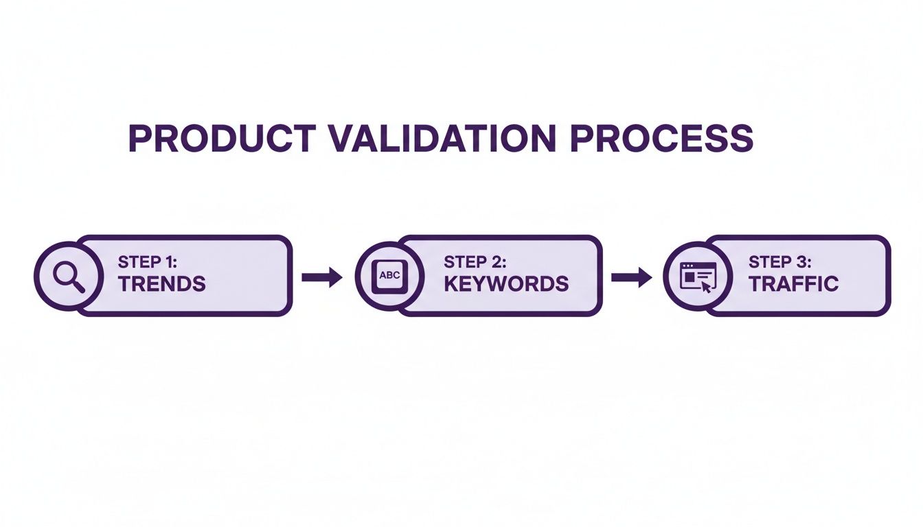 A product validation process flowchart showing steps for trends, keywords, and traffic analysis.