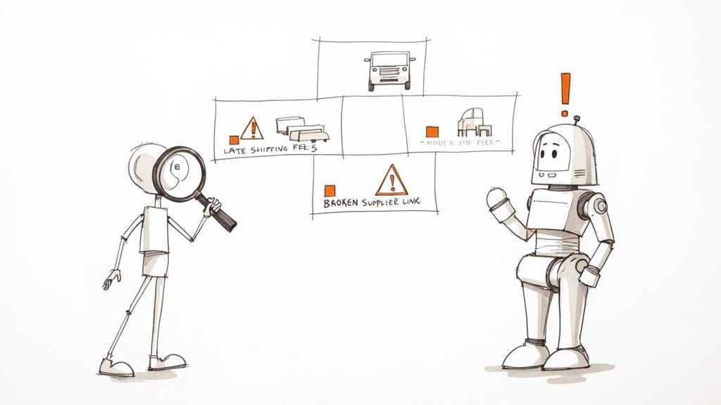 A human with a magnifying glass and a robot analyze a supply chain diagram showing late shipping fees and broken links.
