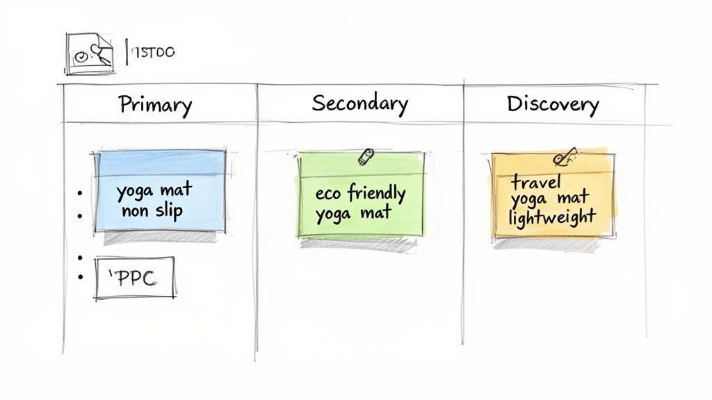 Hand-drawn diagram categorizing yoga mat keywords into primary, secondary, and discovery groups.