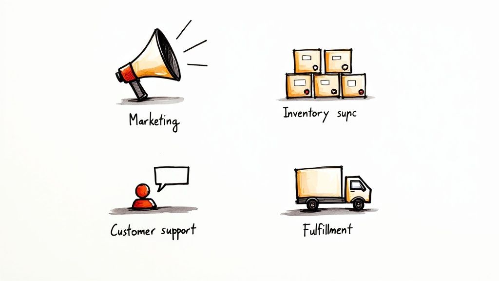 A digital dashboard showing interconnected business areas like marketing, inventory, and customer service being automated.