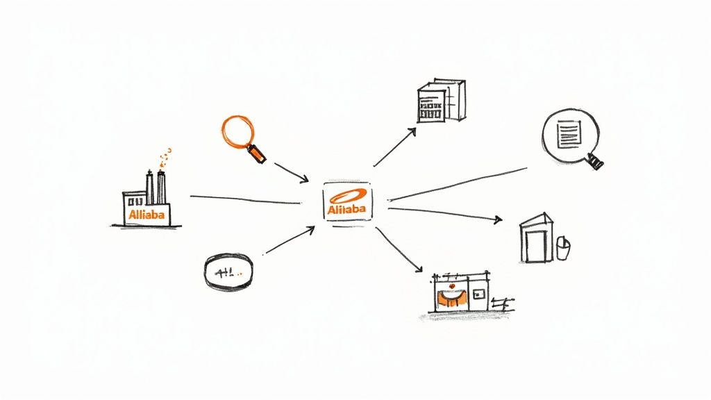 A diagram illustrating Alibaba as a central hub connecting factories, search, documents, and various business entities.