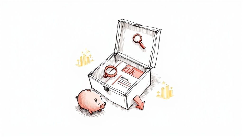 A graphic showing a person holding a magnifying glass over a bar chart, symbolizing analysis and cost savings from SEO tools.