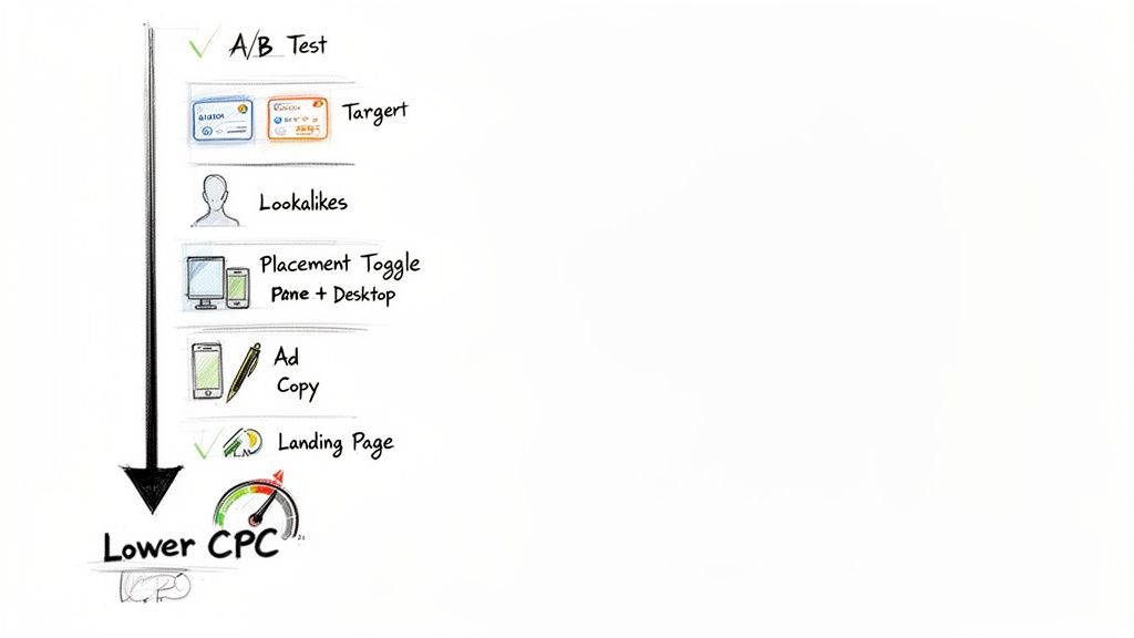 A/B test workflow diagram outlining optimization steps like target, lookalikes, ad copy, and landing page for lower CPC.