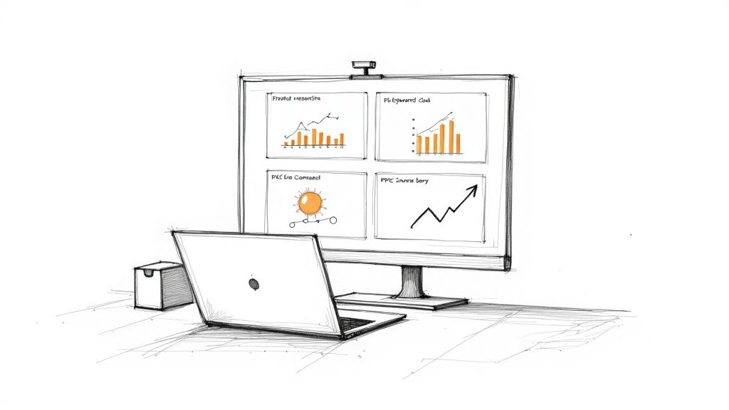 A sketch of a desk with a laptop and a large monitor displaying various business data charts and graphs.