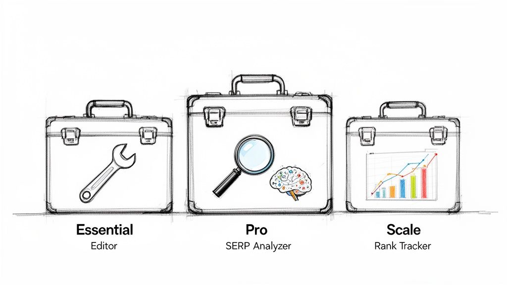 Three briefcases illustrating Surfer SEO's Essential Editor, Pro SERP Analyzer, and Scale Rank Tracker tools.
