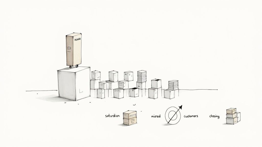 A collage of failed product ideas in a crumpled heap, symbolizing the high failure rate in e-commerce.