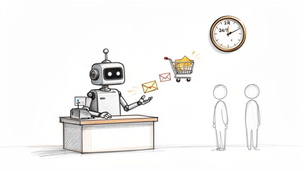 A robot at a desk interacts with mail and a shopping cart, symbolizing 24/7 e-commerce automation.