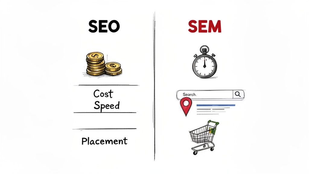 An infographic comparing SEO and SEM, showing icons for cost, speed, and search placement.