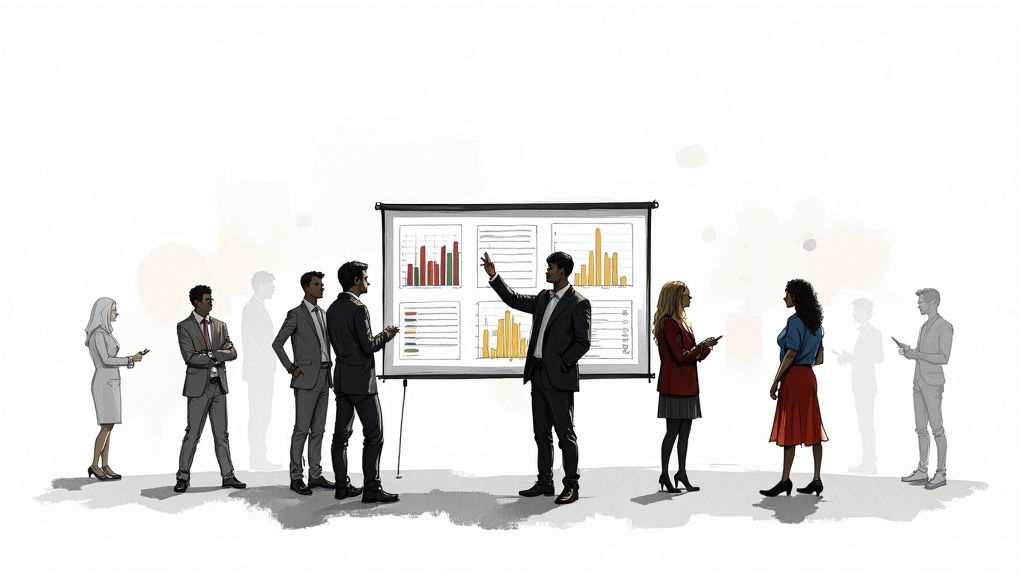 A hand reaching for a shiny, glowing product on a shelf, ignoring other more practical options, symbolizing chasing fads.