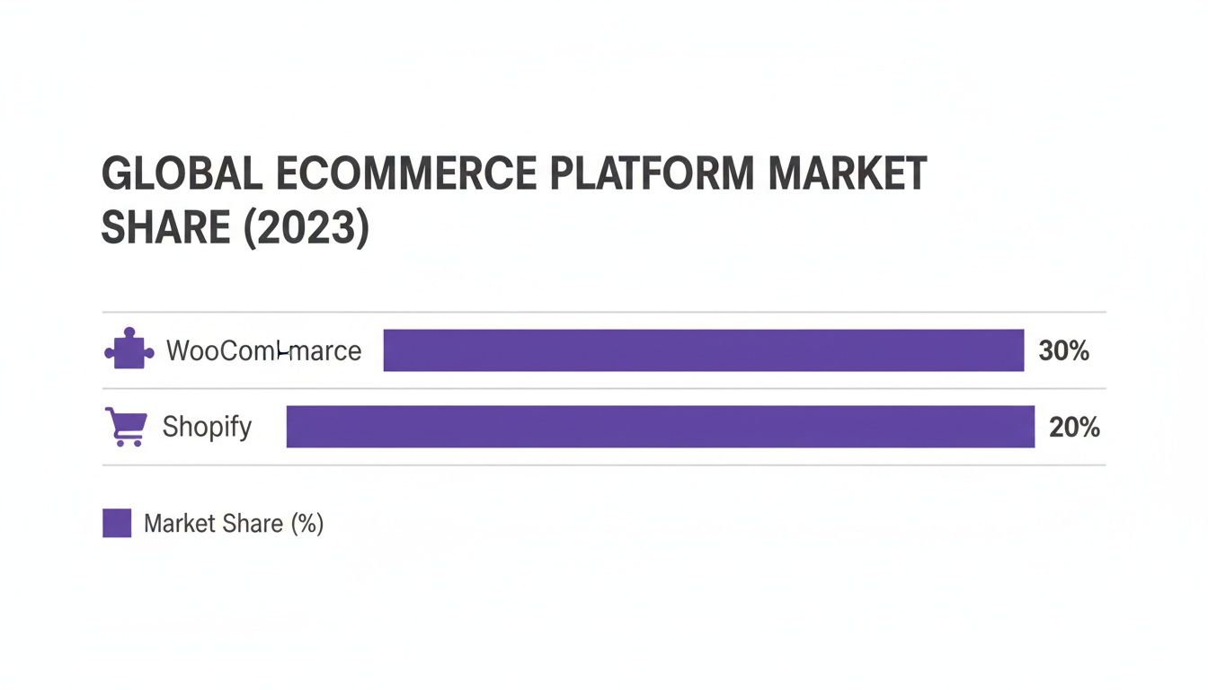 Bar chart showing global e-commerce platform market share in 2023: WooCommerce 30%, Shopify 20%.