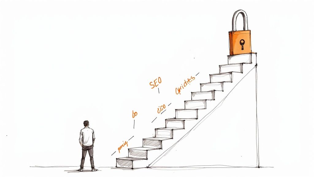 A person views a staircase with steps labeled pricing, bo, eco, SEO, and audits, leading to a locked goal.
