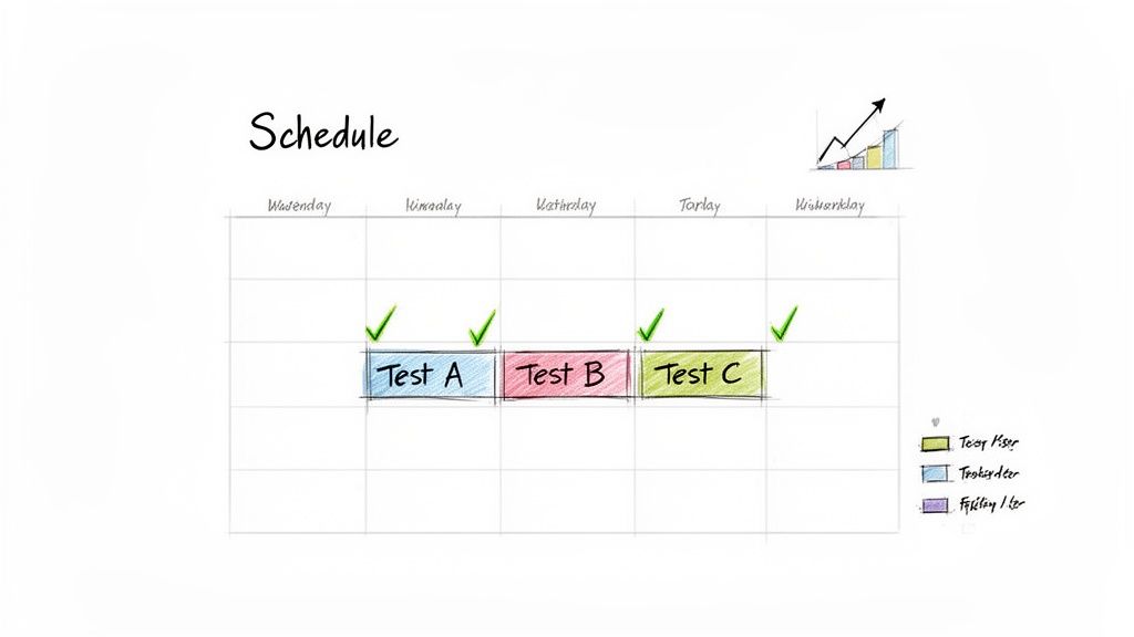 A hand-drawn schedule visualizes project progress with completed tasks 'Test A', 'Test B', and 'Test C'.