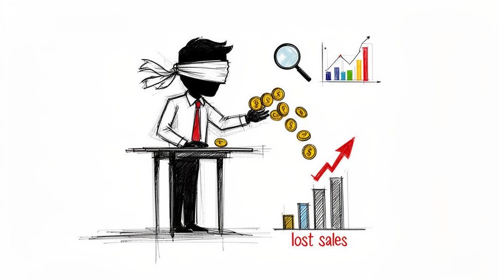 A blindfolded businessman drops gold coins, symbolizing lost sales, with charts and a magnifying glass.