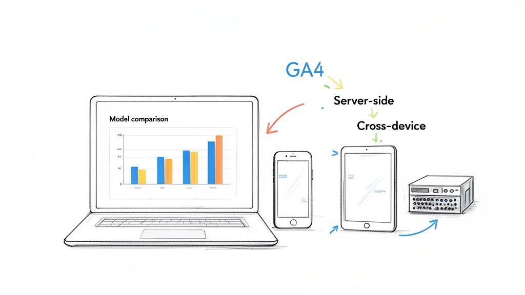 Illustration of GA4 server-side and cross-device data collection connecting laptop, mobile, and server for attribution.