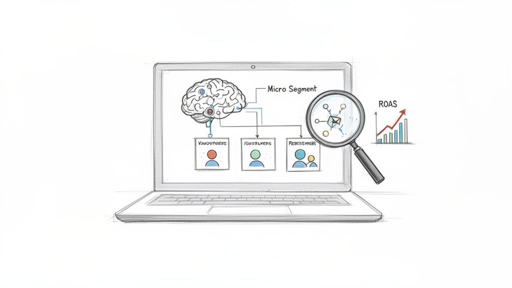 Laptop displays micro-segmentation for targeted user groups, optimized campaigns, and increased ROAS performance.