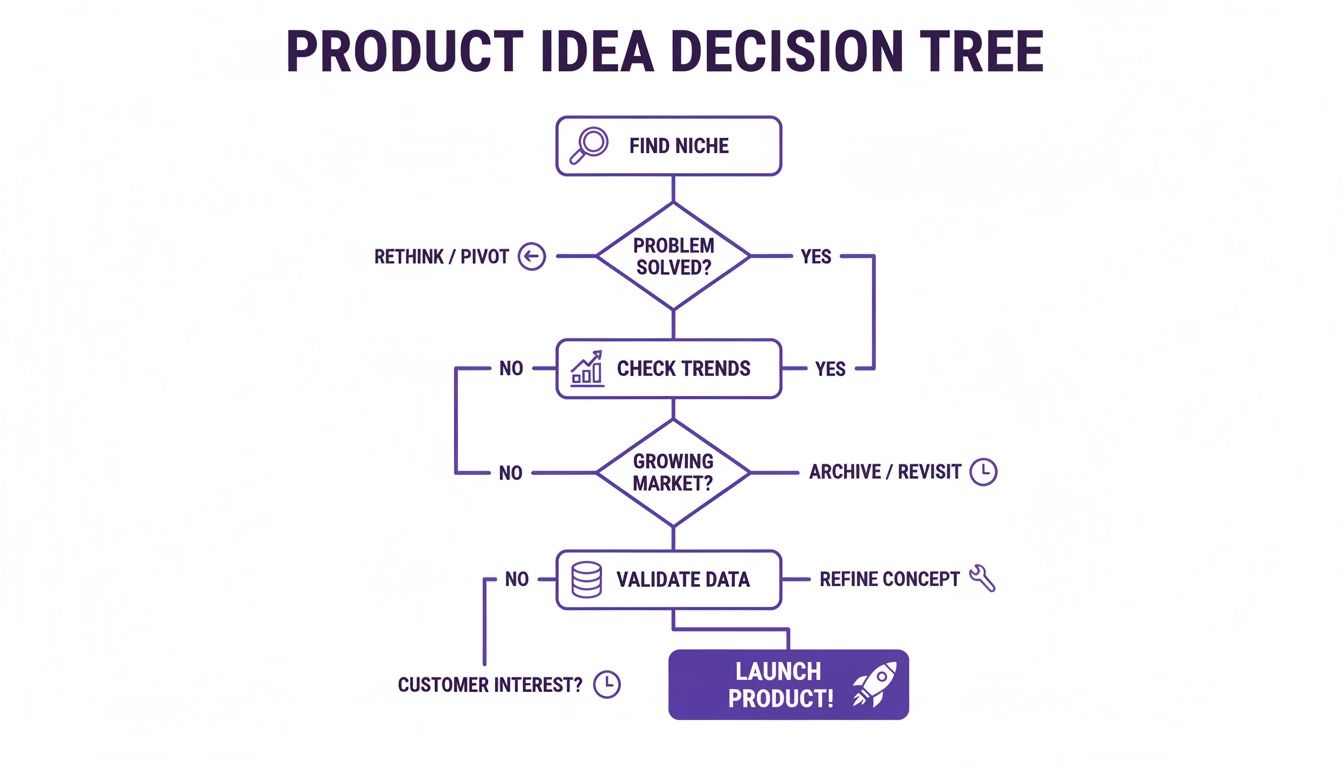 A product idea decision tree flowchart illustrating the steps from finding a niche to launching a product.