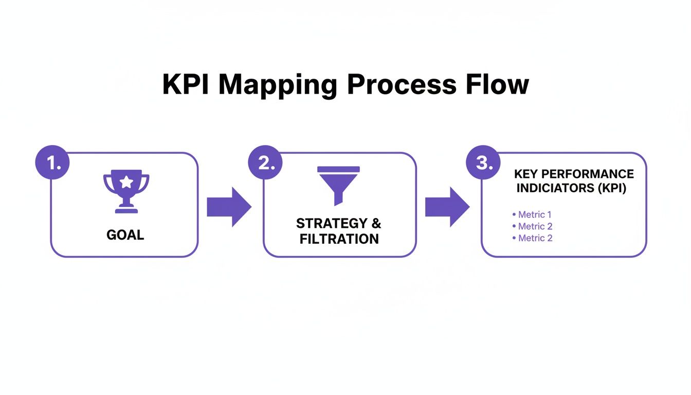 A diagram illustrating the KPI mapping process flow from setting a goal to defining key performance indicators.