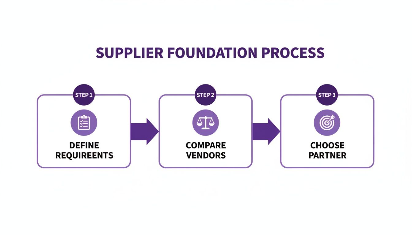 A three-step process diagram illustrating supplier foundation: Define Requirements, Compare Vendors, Choose Partner.