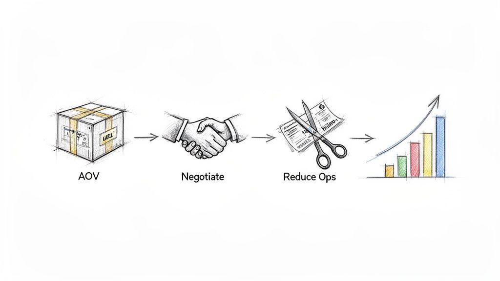 A diagram illustrates a four-step process for business improvement: AOV, Negotiate, Reduce Ops, leading to profit growth.