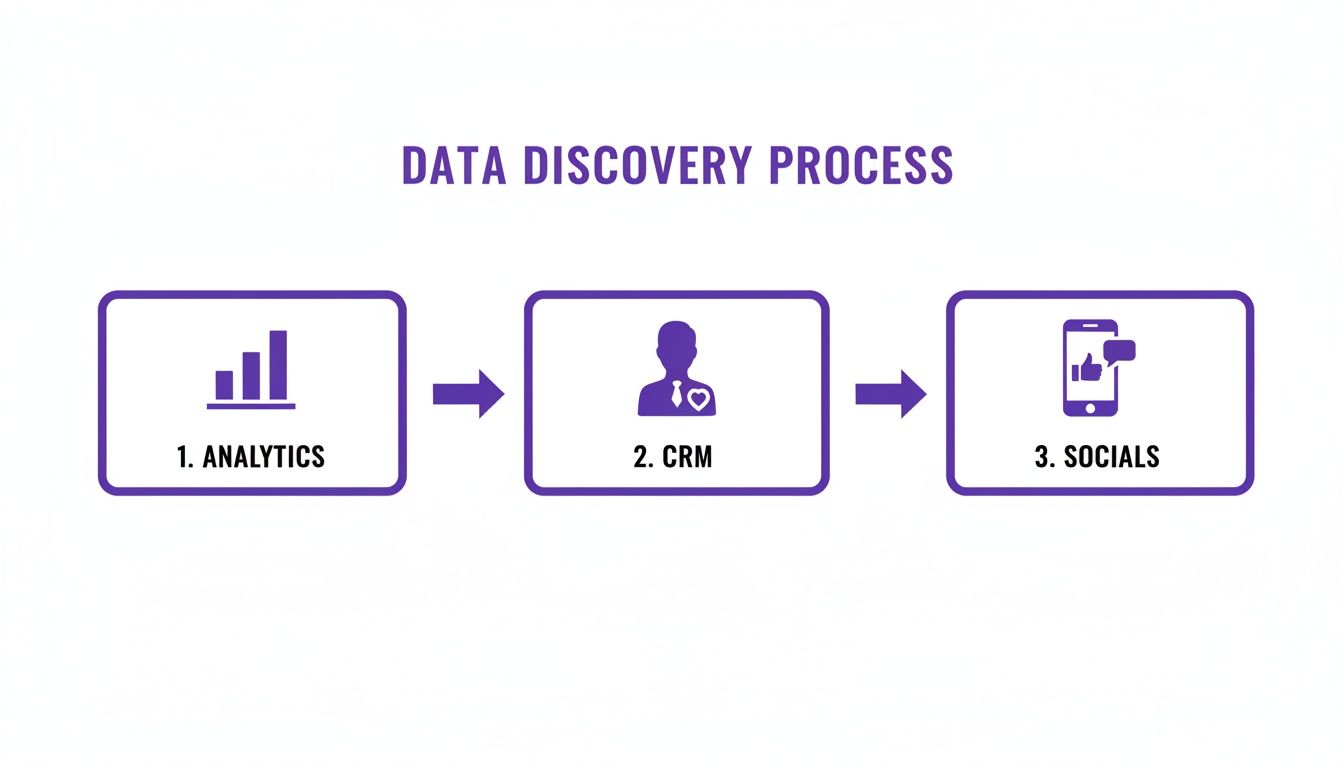 A diagram illustrating the data discovery process through analytics, CRM, and social media platforms.