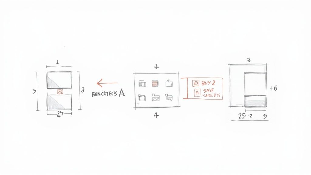 A diagram illustrating a process flow with numbered sections, product icons, and promotional offers.