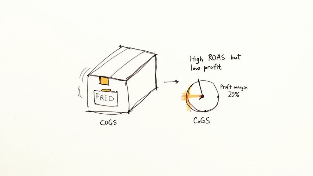 Hand-drawn visual explaining high ROAS but low profit, showing CoGS transforming into a 20% profit margin.