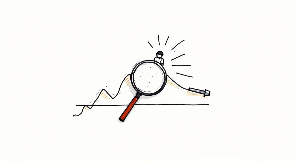 A team of professionals collaborating around a table, analyzing customer data on a laptop and charts.