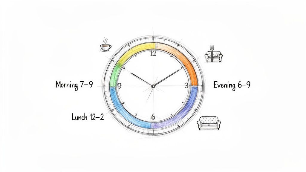 A hand-drawn clock visually segments a daily schedule, marking times for morning, lunch, and evening activities.