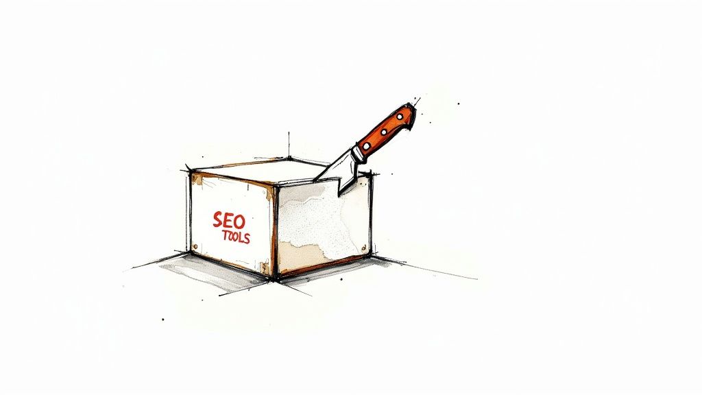 A person using a laptop with SEO data charts and graphs on the screen, indicating analysis and strategy.