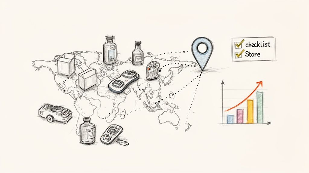 Hand-drawn illustration of global product distribution, supply chain, delivery to a store, and business growth.