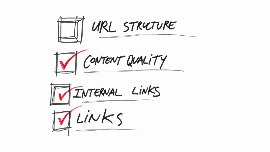An SEO specialist reviewing a checklist on a digital tablet with charts and graphs in the background