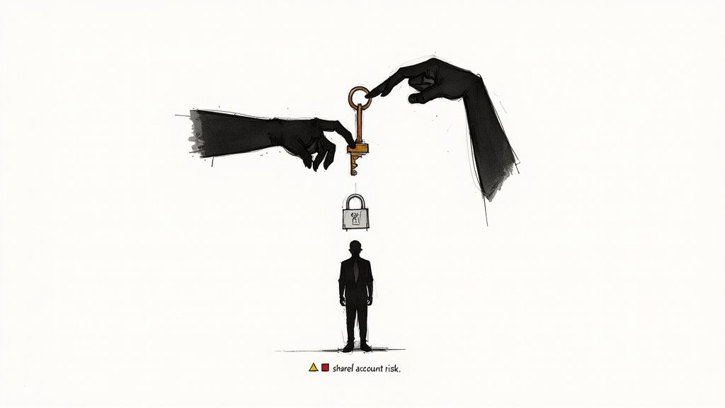 Two stylized hands exchanging a key above an unlocked padlock and a person, symbolizing shared account risk.