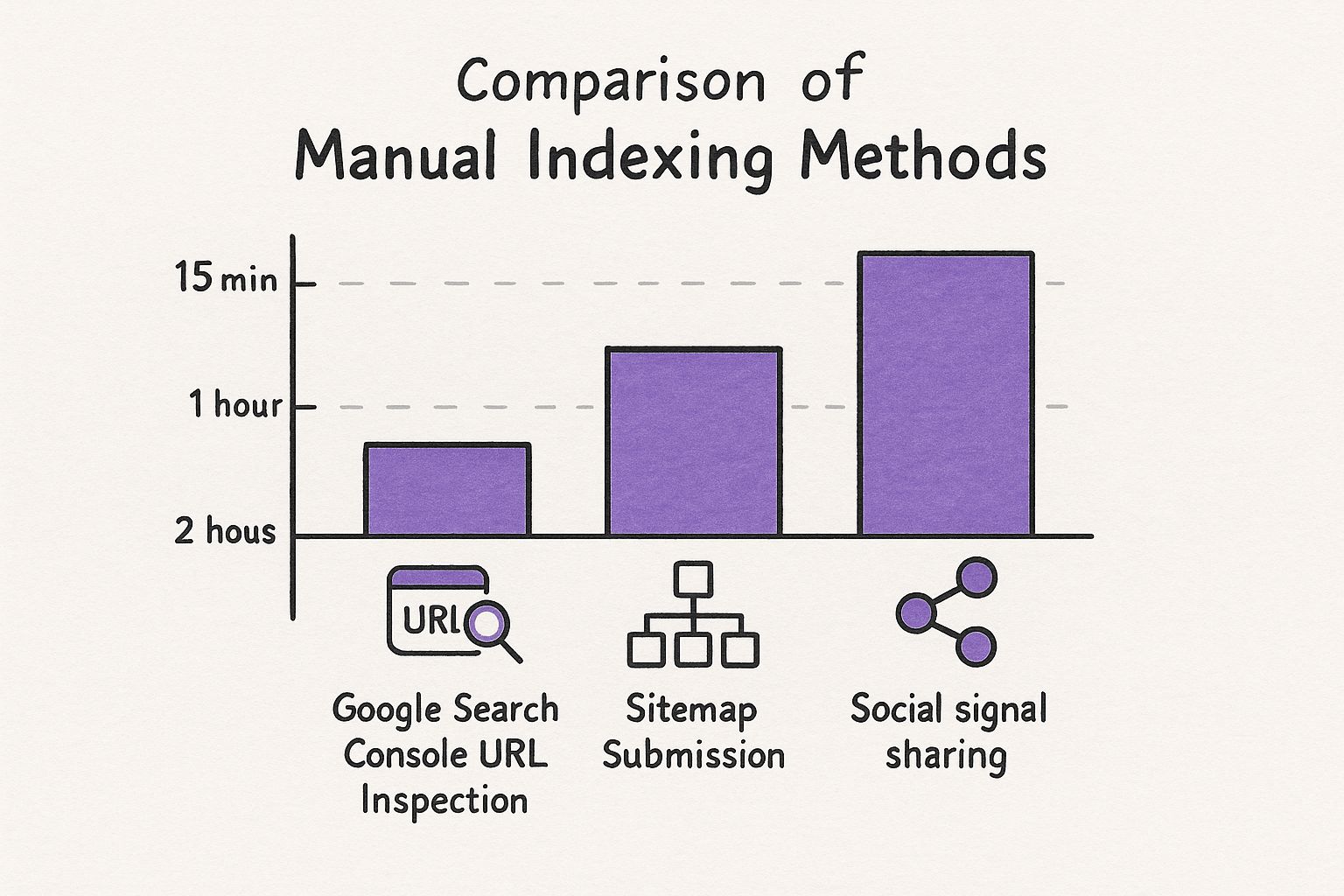 An infographic comparing the average indexing times for Google Search Console URL Inspection, sitemap submission, and social signal sharing.