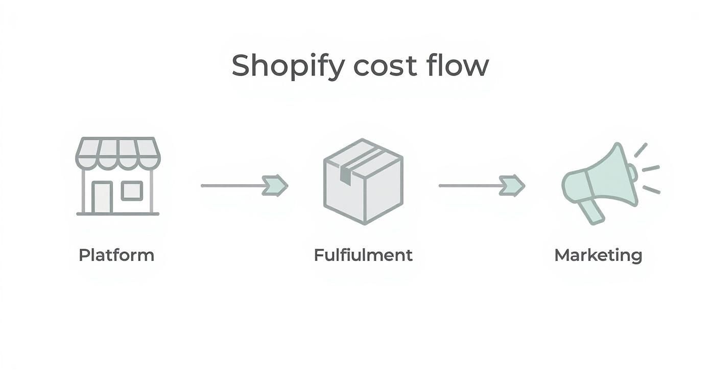 This infographic illustrates the key cost centers for a Shopify store, flowing from platform fees to fulfillment and marketing expenses.